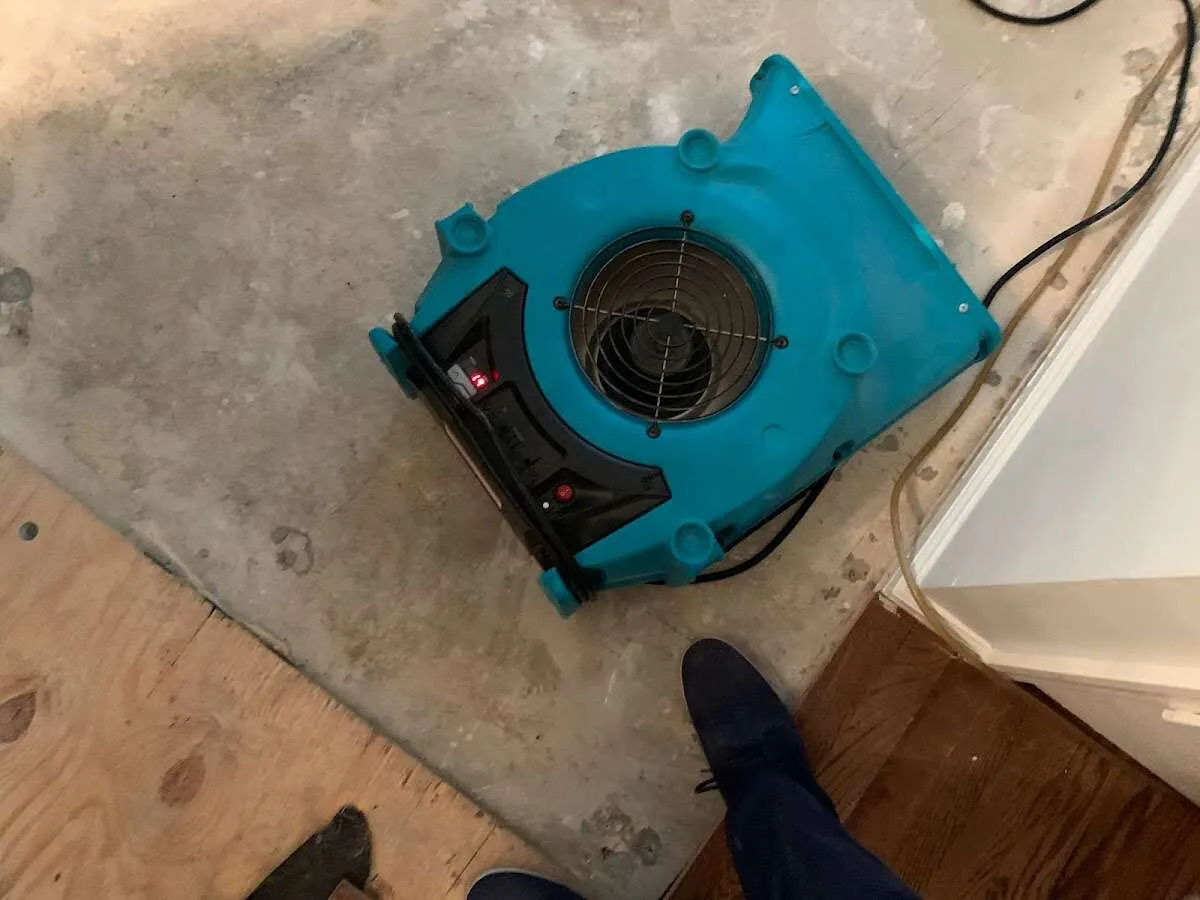 Air mover drying subfloor during Leak Detection & Repair in Frankfort