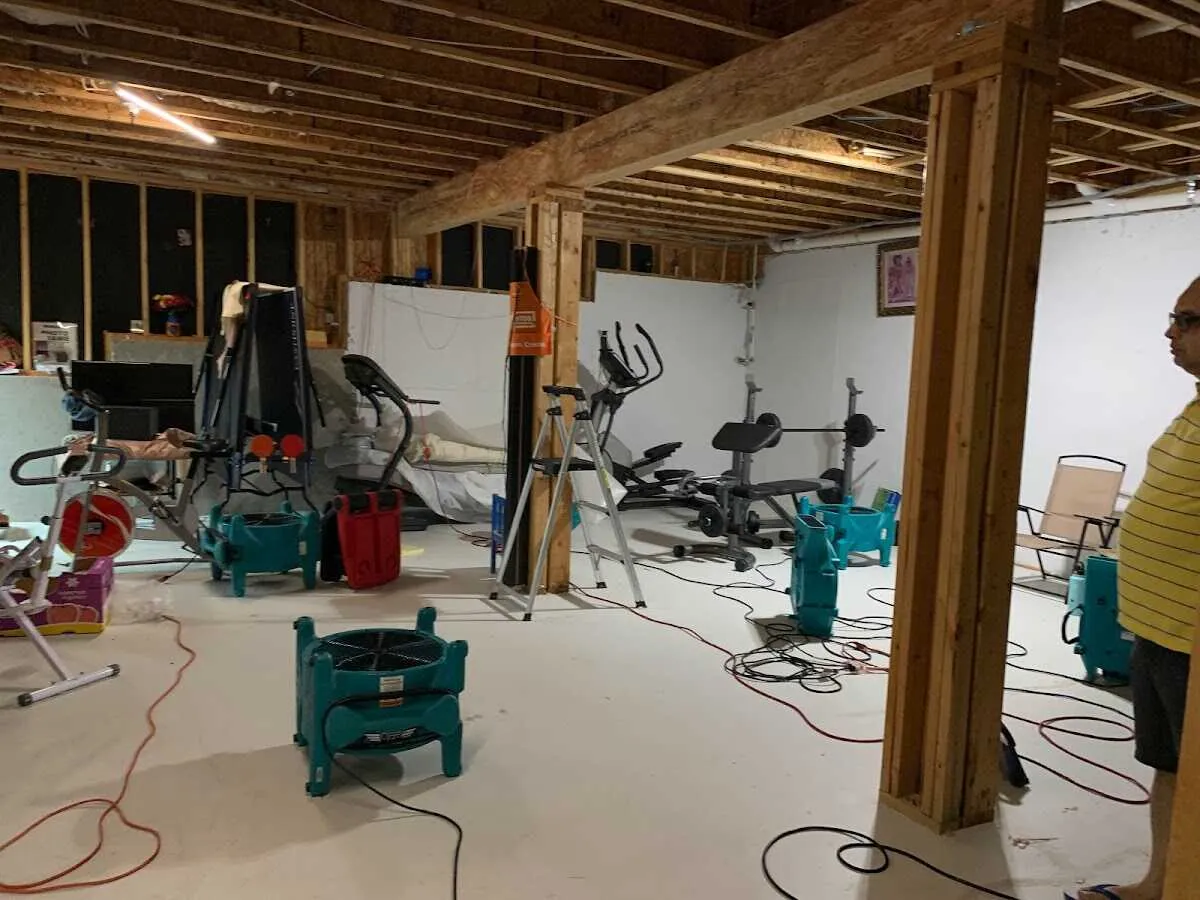 Basement drying equipment setup for Contents Cleaning & Restoration in Frankfort